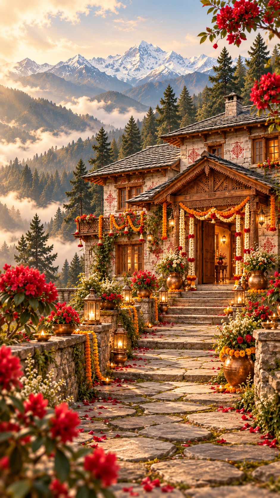 A flower-decorated stone-and-wood wedding home in the mountains, with a clear stone path to its entrance.