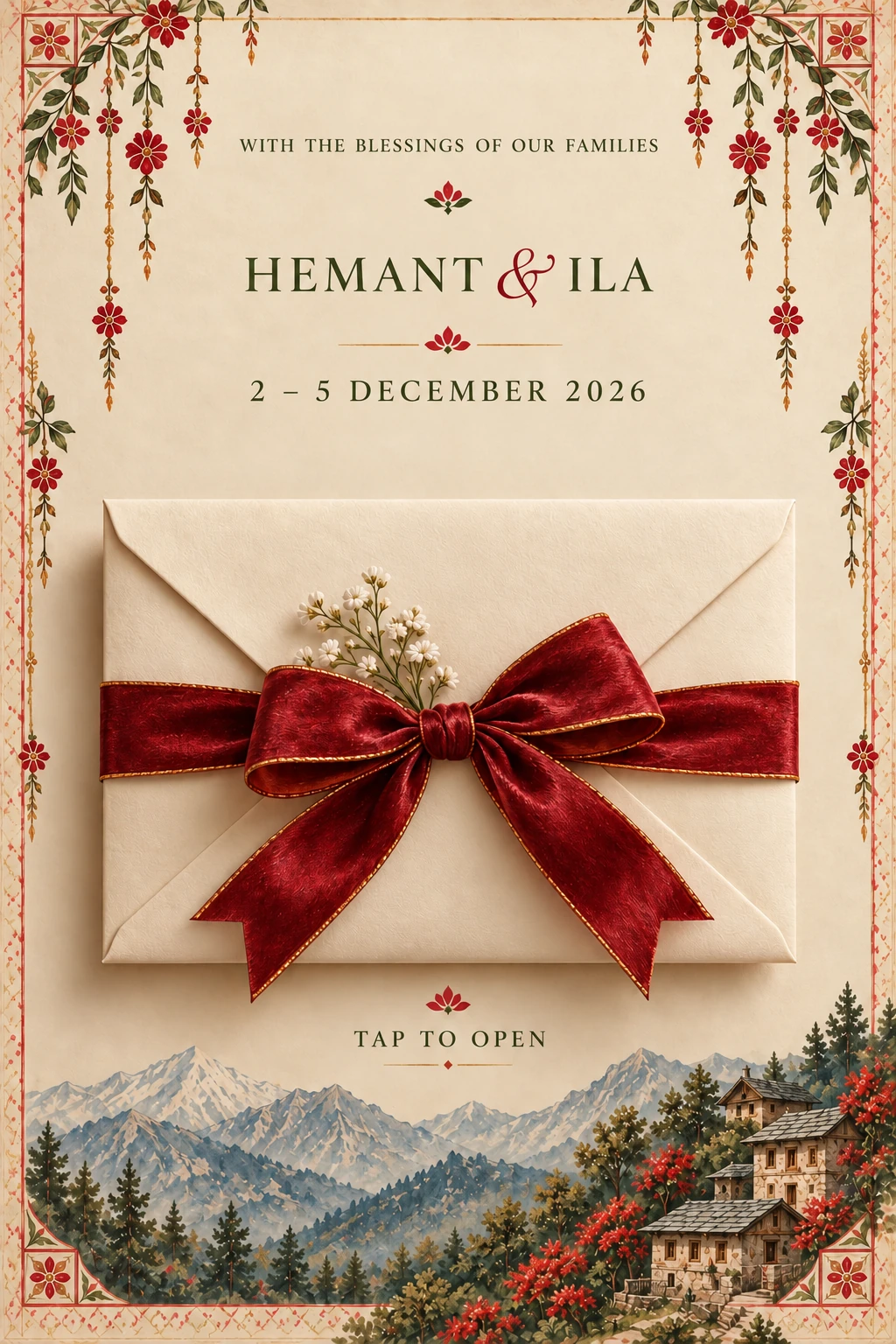 With the blessings of our families. Hemant and Ila. 2-5 December 2026. An ivory envelope tied with a red velvet bow. Tap to open.
